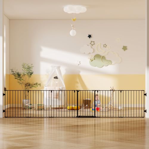 144" Extra Wide Baby Gate with Door, Configurable 6 Panels Baby Fence, Fireplace Gate with Anti-Trip Pedal, Family Essentials Safety Gate for Child Dogs Pets, 28'' Tall Black - color: Black, size: 144" Wide