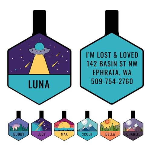 GoTags Silent Dog Tag, Personalized Engraved Hexagon Silicone Pet ID Tag | Dog and Cat Name, Number Address or Message, 5 Lines Custom Text, Soundless No More Jingling Dog Tags (Space UFO) - size: Hexagonal (Pack of 1), style: Space UFO