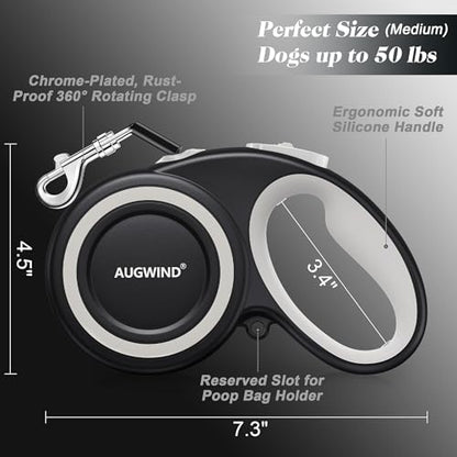 Retractable Dog Leash with Stainless Steel Anti-Chew Cable for Small & Medium Dogs up to 50 lbs | 16 ft Strong Nylon Reflective Tape | Quick Lock System (Medium, White)