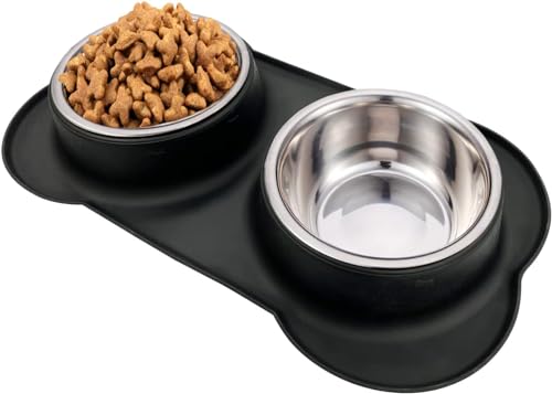 AsFrost Dog Food Bowls Stainless Steel Dog Bowls, Dog Food and Water Bowl Set with No Spill Non-Skid Silicone Mat, Dog Dishes for Small Medium Large Sized Dogs Pet Cat Food Bowls, 6 Cup, Black - color: Black, size: 6 Cup/50 oz each