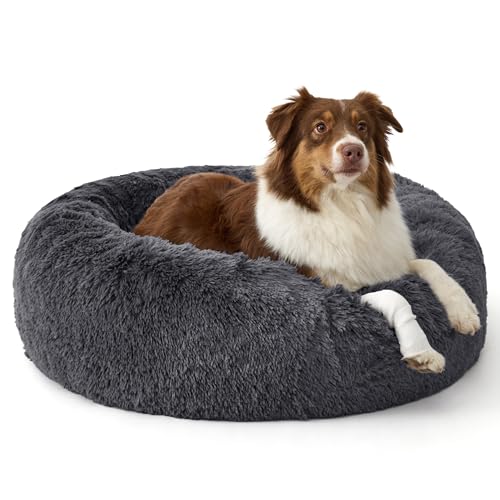Bedsure SupportMax™ Calming Dog Beds Large Sized Dog - 36in Donut Washable Large Pet Bed,Anti-Slip ＆Removable Cover,420GSM Round Anti-Anxiety Fluffy Plush Faux Fur Bed, Fits up to 80 lbs Pets - color: Dark Grey, size: L(36x36x8)