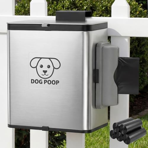 Dog Poop Trash Can Outside, 2.1 Gallon Dog Waste Container with Trash Bag Dispenser, Outdoor Pet Poop Bucket with Lid, Black Hanging Waste Container with Bags for Fence, Garbage, CounterTop
