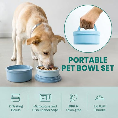 KindTail Dog Travel Bowls - Set of 2 Portable Pet Food & Water Dishes with Lid & Handle - Each Nesting Container Includes a Non-Slip Silicone Base - Microwave & Dishwasher Safe - BPA & Toxin-Free - color: Blue, size: Small