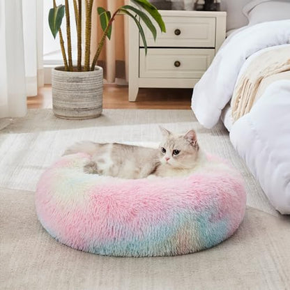 WESTERN HOME WH Calming Dog & Cat Bed, Anti-Anxiety Donut Cuddler Warming Cozy Soft Round Bed, Fluffy Faux Fur Plush Cushion Bed for Small Medium Dogs and Cats (20"/24"/27"/30") - color: Rainbow, size: 20.0"l x 20.0"w x 6.0"th