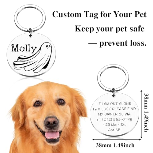 Personalized Halloween Ghost Dog Tag–Custom Engraved Pet ID Nameplate for Dogs and Cat–Ghost Shape Tag with Pet Name on Front and Address Phone on Back–Cute Spooky Halloween Collar Accessory(Style 3) - style: Style 3