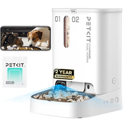 PETKIT Automatic Cat Dog Feeder with Camera, AI-Powered Motion Capturing, 1080P HD Video with Night Vision, 2.4G WiFi Pet Feeder with 2-Way Audio, Dual Hopper Pet Food Dispenser with Desiccant - color: White with Double Food Hopper