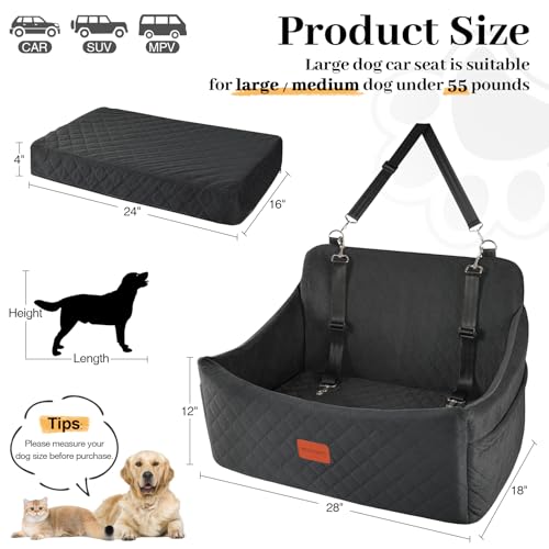 Wooaidagg Dog Car Seat for Medium & Large Dogs Up to 55lbs, Memory Foam Cushion, Washable Cover, Safety Straps & Non-Slip Bottom(Black,Large) - color: Black