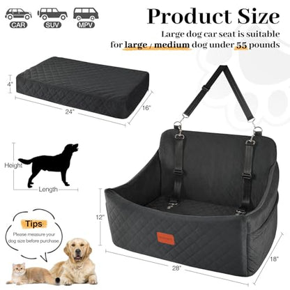 Wooaidagg Dog Car Seat for Medium & Large Dogs Up to 55lbs, Memory Foam Cushion, Washable Cover, Safety Straps & Non-Slip Bottom(Black,Large) - color: Black