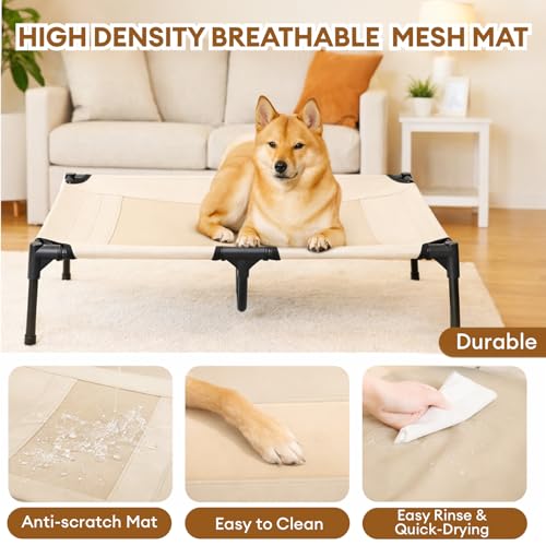 FUNNY FUZZY Elevated Dog Bed with Canopy, Small (24"x18"x7") – Outdoor Raised Dog Cot with Shade, Cooling Breathable Mesh Pet Bed, Portable Waterproof Dog Camping Bed for Large Medium Small Dogs,Khaki
