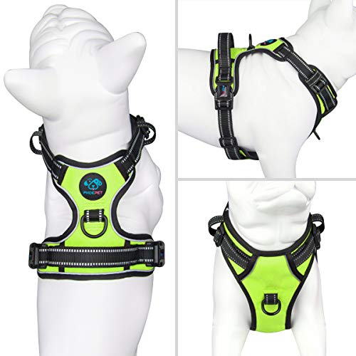 PHOEPET No Pull Dog Harness Medium Reflective Front Clip Puppy Vest with Handle,Adjustable 2 Metal Leash Attachment Hooks(M, Green) - color: Green, size: Medium