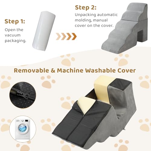 Dog Stairs Ramp,5 Step Pet Stairs for Small to Large Dogs,Non-Slip Bottom Dog Steps for High Bed,Sofa,Couch or Chair,High Density Foam Pet Step for Indoor Outdoor Car SUV (Grey B)