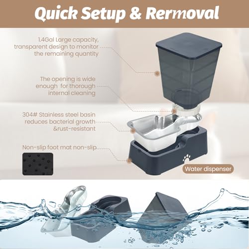 Automatic 5.4L/1.4Gal Pet Waterer, Pet Automatic Dog Water Dispenser Gravity Stainless Steel Water Feeder, Large Capacity Feeding Bowls for Cats and Medium & Large-Sized Dogs - color: Black, size: Water Only