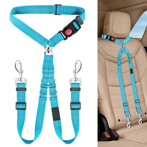 Dog Seat Belt for Car, Dual Pet Vehicle Headrest Restraint Safety Seatbelt,Two Dog Leash No Tangle Dog Car Leash Seat Belt,Duty Adjust Elastic Connect Harness in Vehicle Travel (Blue) - color: Blue