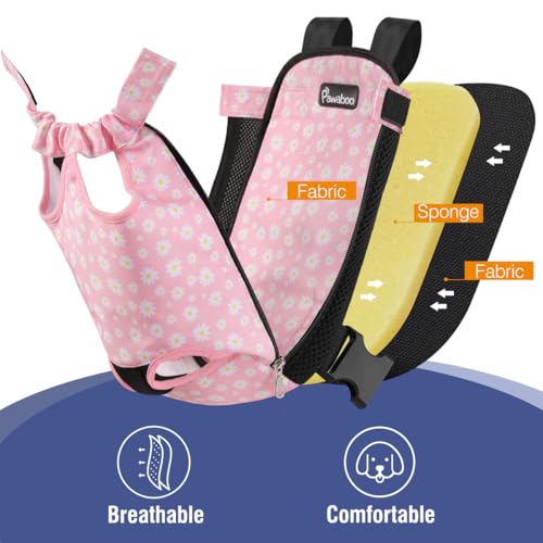 Pawaboo Pet Carrier Backpack, Adjustable Pet Front Cat Dog Carrier Backpack Travel Bag, Legs Out, Easy-Fit for Traveling Hiking for Small Medium Dogs Cats Puppies, Extra Large, Black + Pink Daisy - color: A-Black + Pink Daisy, style: Extra Large (Pack of