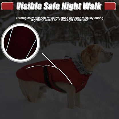 DENTRUN Warm Dog Winter Coat, Easy On Reflective Turtleneck Fleece Jacket | Adjustable buckle, easy on off, windproof & water-repellent, thick fleece snowsuit, outfit fits small to large breeds - color: Red, size: Large