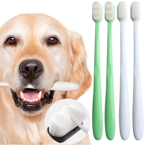 Dog Toothbrush Kit 4 Pack, Ultra Soft Dog Tooth Brush for Medium to Large Dogs & Cats, Pet Tooth Brushing Kit for Easy Dental Cleaning, Soft Bristles, 2 Green Wave Head & 2 White Flat Head - style: Medium to large dogs(4pcs,white-green)
