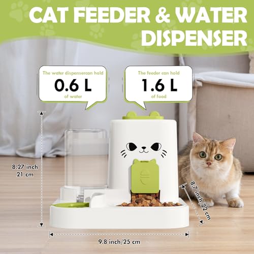 1.6L Auto Gravity Pet Feeder and 0.6L Water Dispenser Set, Automatic Cat Food and Water Dispenser, Gravity Pet Feeder for Small Medium Dog Puppy Cat Kitten (Green) - color: Green