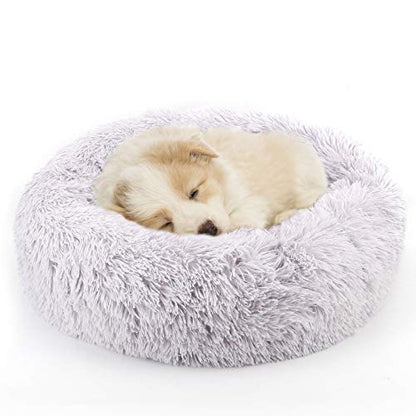 NOYAL Calming Donut Dog Bed for Small to Medium Dogs & Cats - Plush Faux Fur Anti-Anxiety Pet Bed with Machine Washable Cover & Non-Slip Base - color: Light gray, size: X-Small 15.7''