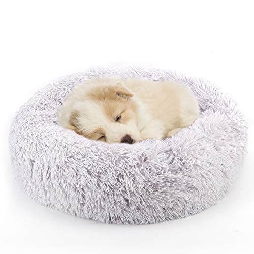 NOYAL Calming Donut Dog Bed for Small to Medium Dogs & Cats - Plush Faux Fur Anti-Anxiety Pet Bed with Machine Washable Cover & Non-Slip Base - color: Light gray, size: X-Small 15.7''