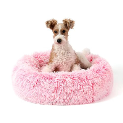 NOYAL Calming Donut Dog Bed for Small to Medium Dogs & Cats - Plush Faux Fur Anti-Anxiety Pet Bed with Machine Washable Cover & Non-Slip Base - color: Gradient Pink, size: Small 19.6''