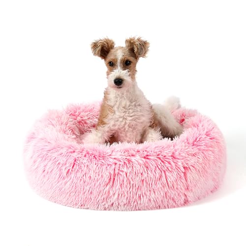 NOYAL Calming Donut Dog Bed for Small to Medium Dogs & Cats - Plush Faux Fur Anti-Anxiety Pet Bed with Machine Washable Cover & Non-Slip Base - color: Gradient Pink, size: Small 19.6''