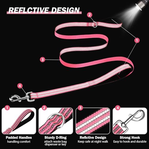 Hikiko 5 Foot Dog Leash with Two Handles Heavy Duty Double Handle Traffic Dog Leash Reflective Training Lead, Hot Pink - color: Hot Pink, size: 1 in x 5 ft