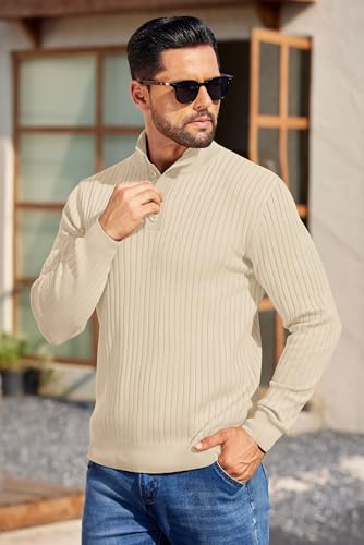 COOFANDY Mens Quarter Button Sweater Long Sleeve Stand Collar Sweaters Casual Knitted Ribbed Dress Pullover - color: Beige, size: Large