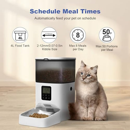 Automatic Cat Feeder, 4L Cat Food Dispenser with 10s Voice Recorder, Pet Feeder up to 8 Meals per Day, Timed Dog Feeder with Dry Food Sealed Ring - color: Jade white-pro