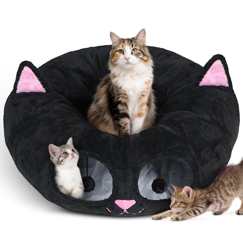 Cat Tunnel Bed for Indoor Cats, Peekaboo Cat Cave with Washable Soft Play Mat, Furry Cat Tube, for Kitten/Puppy/Rabbit, Kitten Series Black Pink - color: Black Pink