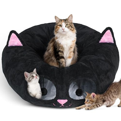 Cat Tunnel Bed for Indoor Cats, Peekaboo Cat Cave with Washable Soft Play Mat, Furry Cat Tube, for Kitten/Puppy/Rabbit, Kitten Series Black Pink - color: Black Pink