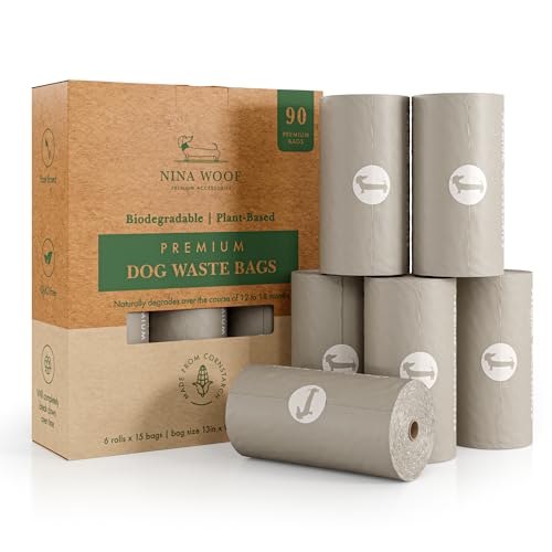 NINA WOOF Dog Poop Bags Rolls - 90 Compostable & Biodegradable for Puppy Walks, Travel, Thick Refill Housebreaking dog poo bags Premium Cornstarch Pet Poo Bags Dogs - size: 90 Bags (6 Rolls)