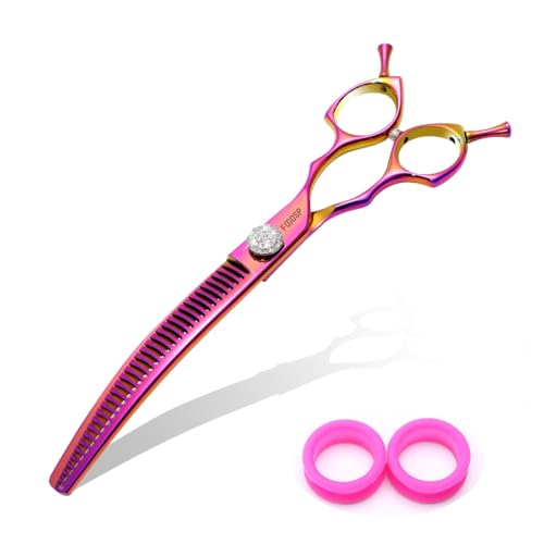 Professional Curved Chunkers Shears Dog Grooming 7.5'' Rainbow Curved Thinning Scissors for Large Dogs, 35 Teeth, Japan 440C Stainless Steel, Purple - color: Rose Red, size: 7.5 in Curved Chunkers