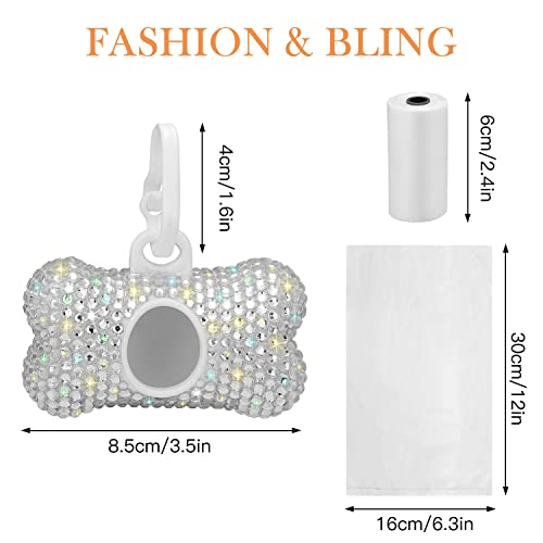 SAVORI Dog Poop Bag Holder Bling Crystal Dog Waste Bags Dispenser for Pet Dog Doggy with Carabiner Clip Includes 1 Roll 15 Bags (White) - color: White