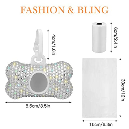 SAVORI Dog Poop Bag Holder Bling Crystal Dog Waste Bags Dispenser for Pet Dog Doggy with Carabiner Clip Includes 1 Roll 15 Bags (White) - color: White