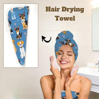 Cute Dogs Breeds Microfiber Bathrobe and Hair Towel Wrap Set for Women Quick Dry Shower Towels Wrap Absorbent Soft Bath Robe and Hair Drying Cap for Spa After Shower