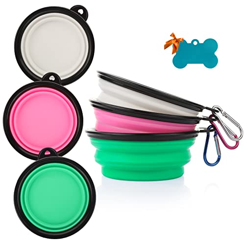 Collapsible Dog Bowls, 3 Pack Collapsable Doggy Water Bowl for Cats Dogs, Portable Travel Dog Feeding Watering Dish for Pet Camping Walking with 2 Carabiners - color: White & Pink & Green