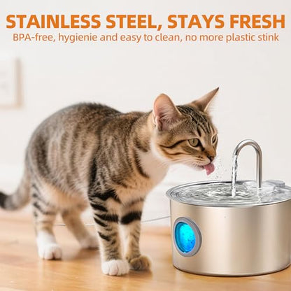 108oz/3.2L Stainless Steel Cat Water Fountain with Detachable Tank, Easy to Clean & Assemble, Pet Drinking Dispenser with Quiet Operation & LED Light, Gifts for Cats, Dogs and Small Pets