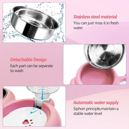 Rabbit Double Bowls Bunny Automatic Water Dispenser Detachable Stainless Steel Bowl No-Spill Water Bottle Food Feeder for Small Animals Bunny Squirrel Cat Puppy Chinchilla - color: Pink