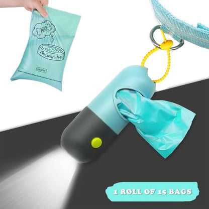Dog Poop Bag Holder with LED Flashlight for Night Walks,Silicone Tether & Panda Pattern Clip for Used Bags, Hands-Free Metal Leash Carabiner, Includes 15 Scented Waste Bags (Crystal Blue) - color: Crystal Blue