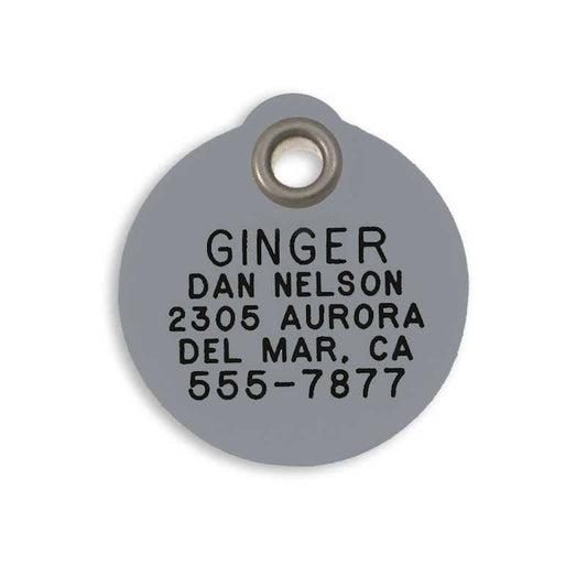 LuckyPet Pet ID Tag - Medium Round Gray Plastic Tag - Durable, Easy to Read, Custom Engraved for Dogs & Cats. Reflective Coating on Back. - color: Grey (Plastic), size: Medium (1" diameter)