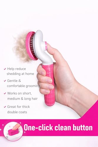 Self Cleaning Slicker Brush for Dogs & Cats – Deshedding Grooming Tool with One Click Hair Removal – Gentle for Sensitive Skin - color: PINK