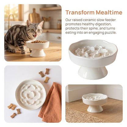 Elevated Ceramic Slow Feeder Dog Bowl | Raised Maze Puzzle Feeder Small Medium Dogs | Anti-Vomit Reduces Bloating | Non-Slip Enrichment Puppy Bowl - color: White