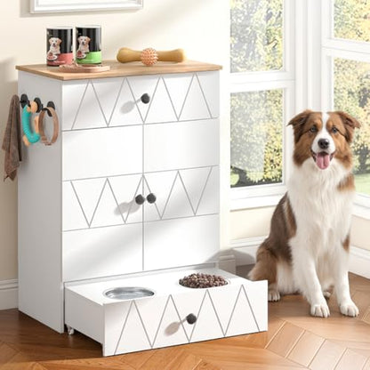 Pet Feeding Station with Storage, Raised Dog Bowls, Pet Feeder Cabinet, with Adjustable Shelves, Rolling Drawer, Hooks, for Feeding & Watering Supplies (Light) - color: Light