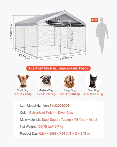 VEVOR Outdoor Dog Kennel, 9.84 x 9.84 x 7.05 ft Large Dog Kennel with Secure Lock, Outside Dogs Enclosures with UV-Resistant & Waterproof Roof Cover, Heavy Duty Pet Crate Cage Run for Large Dogs - size: 118.1"L x 118.1"W x 84.6"H