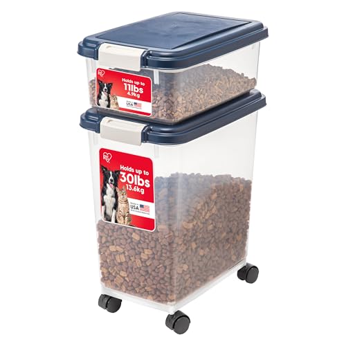 IRIS USA Dog Food Storage Container 30 lb + 11 lb, Stackable Combo Set, Airtight Pet Food Storage Bins with Wheels for Dog Cat Bird Chicken Food, BPA Free, Made in USA, Navy
