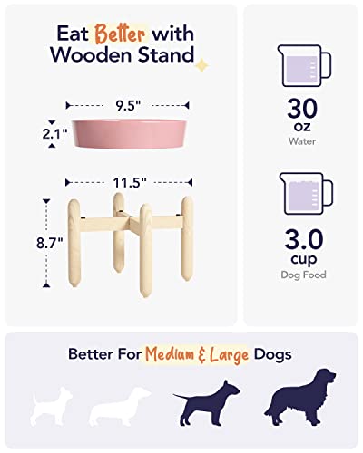 LE TAUCI Ceramic Slow Feeder Dog Bowls Elevated, 3 Cup Raised Bowl with Wooden Stand for Medium Large Breed, Slow Down Eating, Puzzle Dog Food Bowl, Pink Bloom - color: Pink Bloom+Stand, size: L-3 Cups