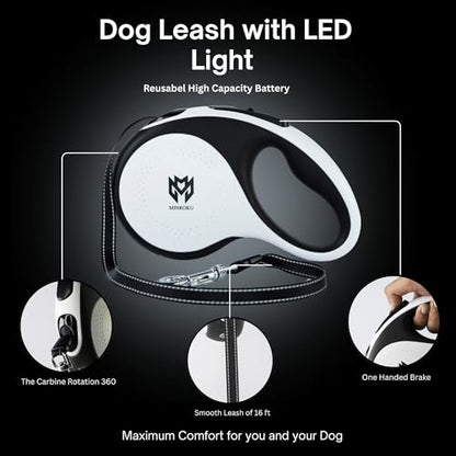 16ft Tough ABS Casing Retractable Dog Leash with Light - Suitable for Dogs Up to 55lbs - Tangle Free 360 Rotation & One Hand Brake Lock System - No Pull, Suitable for Training & Walking
