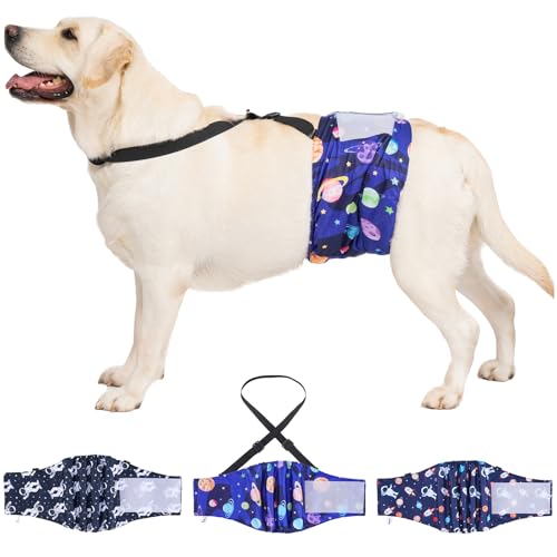 3 Pack Avont Dog Belly Bands Diapers Male with 1 Detachable Suspender, Reusable Washable Boy Doggie Pee Wraps with Harness, Separable Shoulder Strap Escape Proof & Non-Slip -Space Theme M