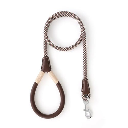 Mile High Life Dog Leash, Rope Leash with Genuine Leather Handle and Heavy Duty Metal Clasp, Great for Small Medium Large Dogs (Brown Check, 4FT) - color: Leather Handle-Brown Check, size: 48 Inch-1/2"