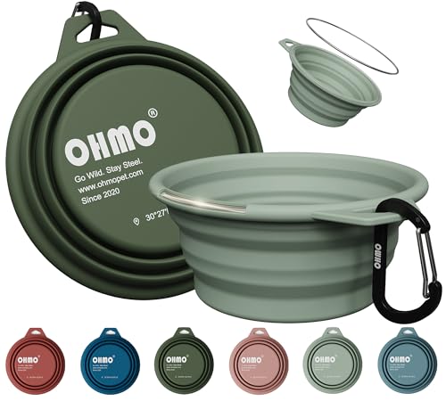 OHMO Collapsible Dog Water Bowls w/Built-in Stainless Steel Ring – 2pcs Small 12oz/400ml Portable Silicone Pet Feeding Bowl for Hiking, Camping, Travel - color: Camo&Sage Green, size: Steel 2x12oz